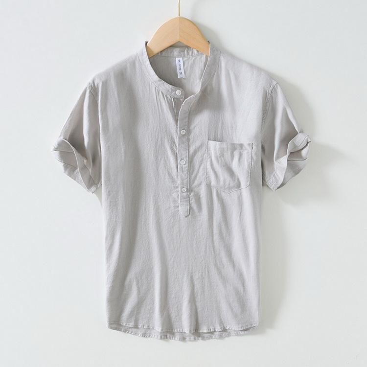 プルオーバー リネンシャツ メンズ シャツ カジュアルシャツ トップス 半袖 バンドカラー 薄手 涼しい
